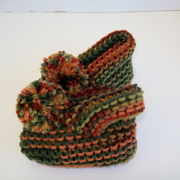 Hand Crafted Baby Slippers Boots Shoes Pompom Knit Browns Greens Orange Fall - Picture 2 of 11